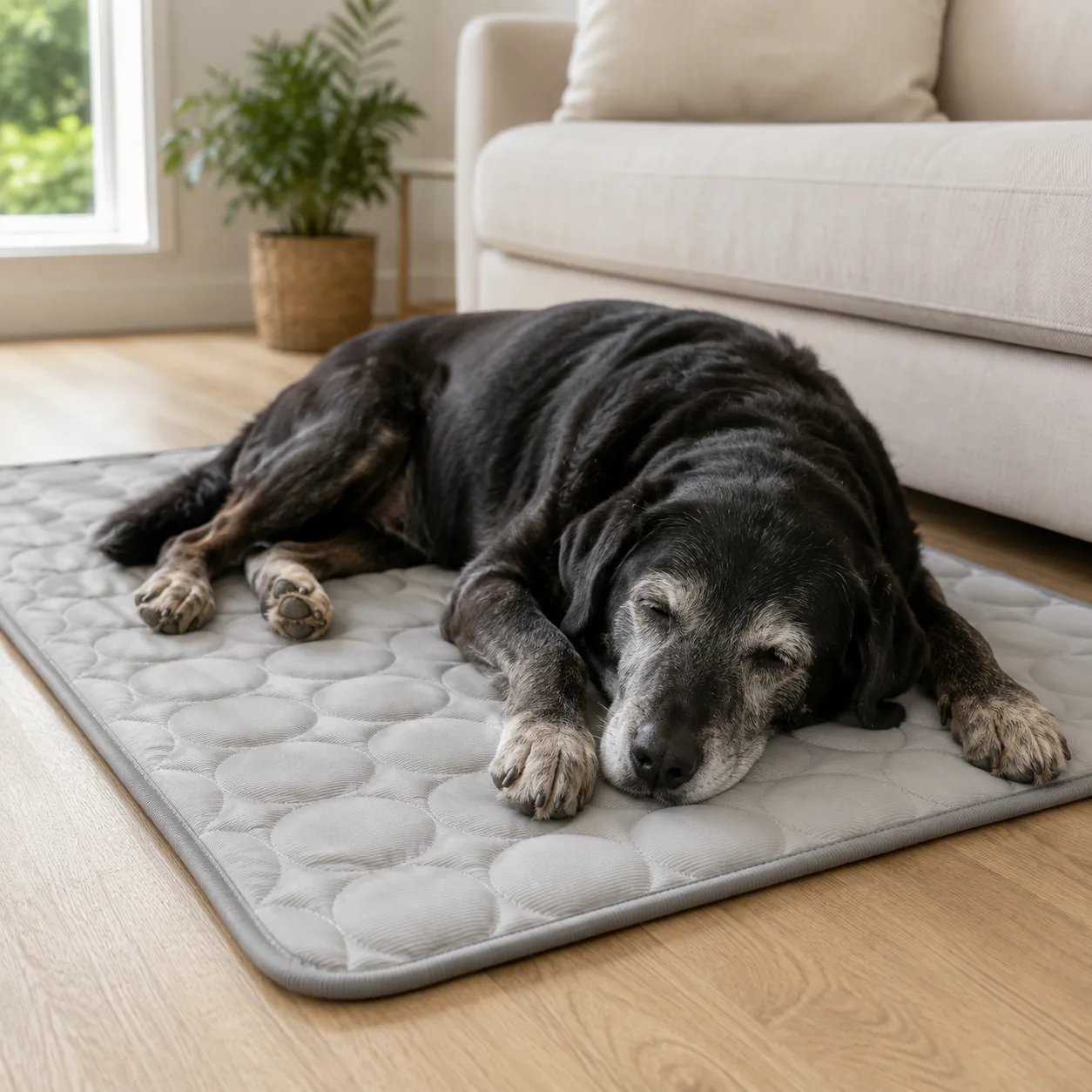 Older dog with a greying muzzle lying quietly on a gray cooling mat