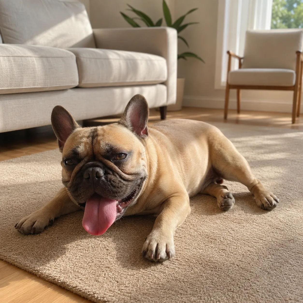 French Bulldog lying and panting on a rug, with no cooling mat
