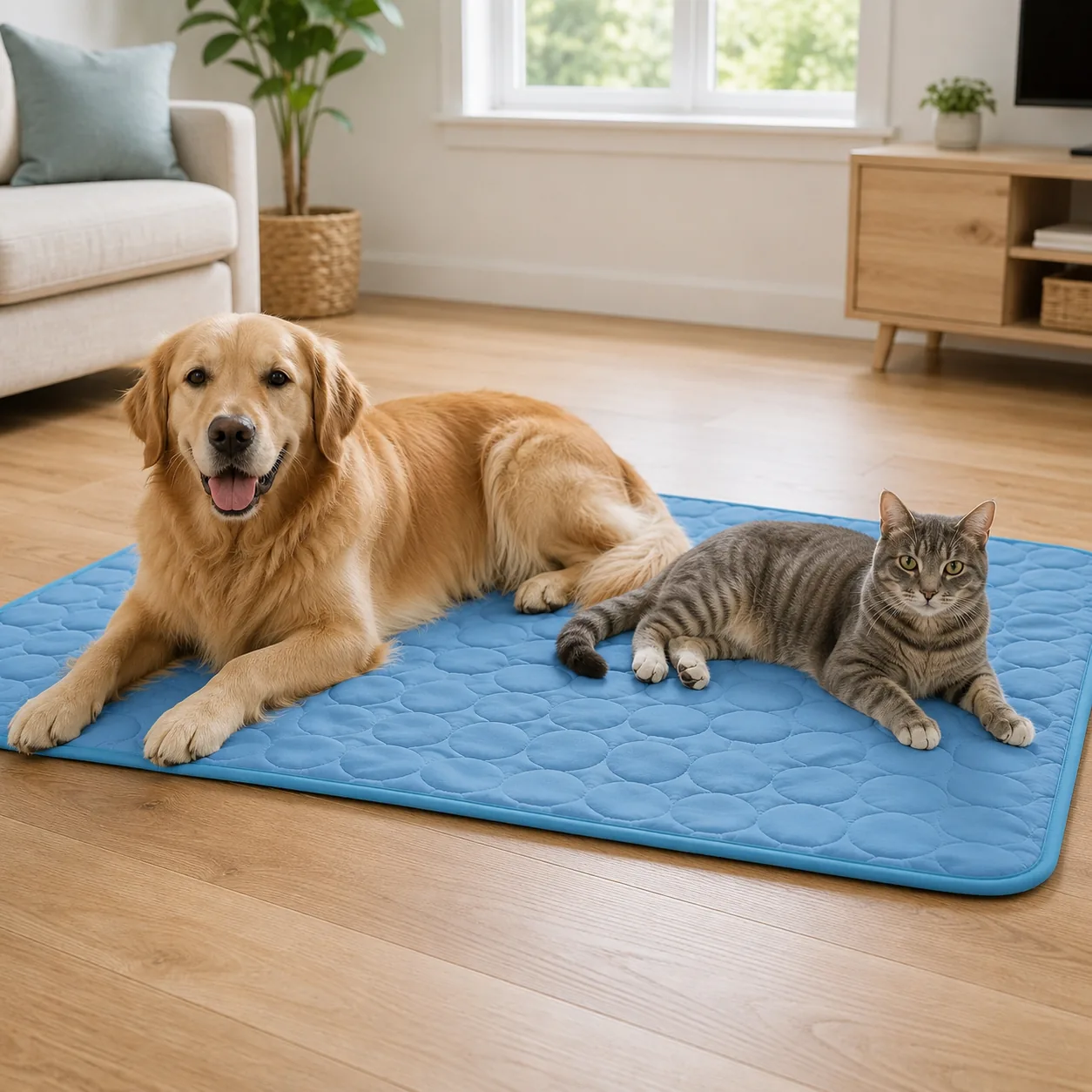 A dog and a cat lying together on a large cooling mat