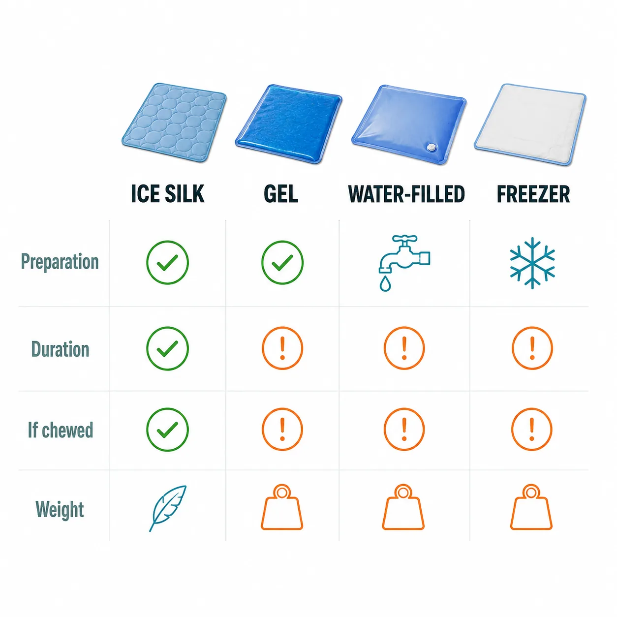 Comparison chart of the four cooling mat technologies: ice silk, gel, water and freezer pack