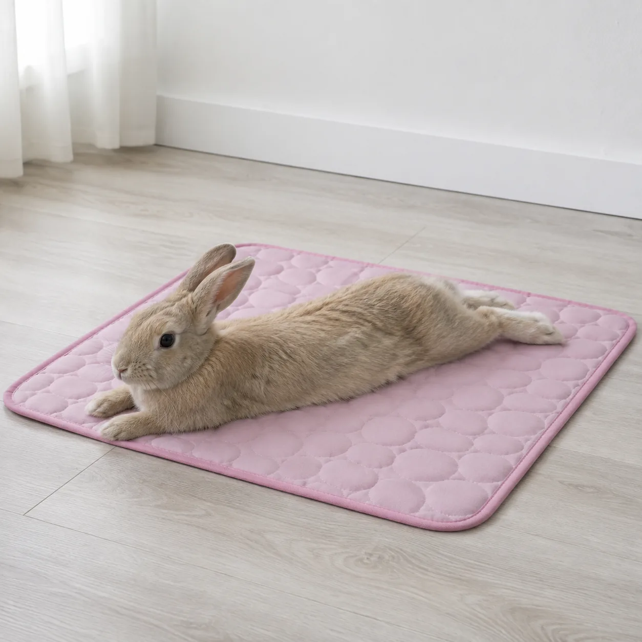 Rabbit stretched out on a pink Frimouf cooling mat