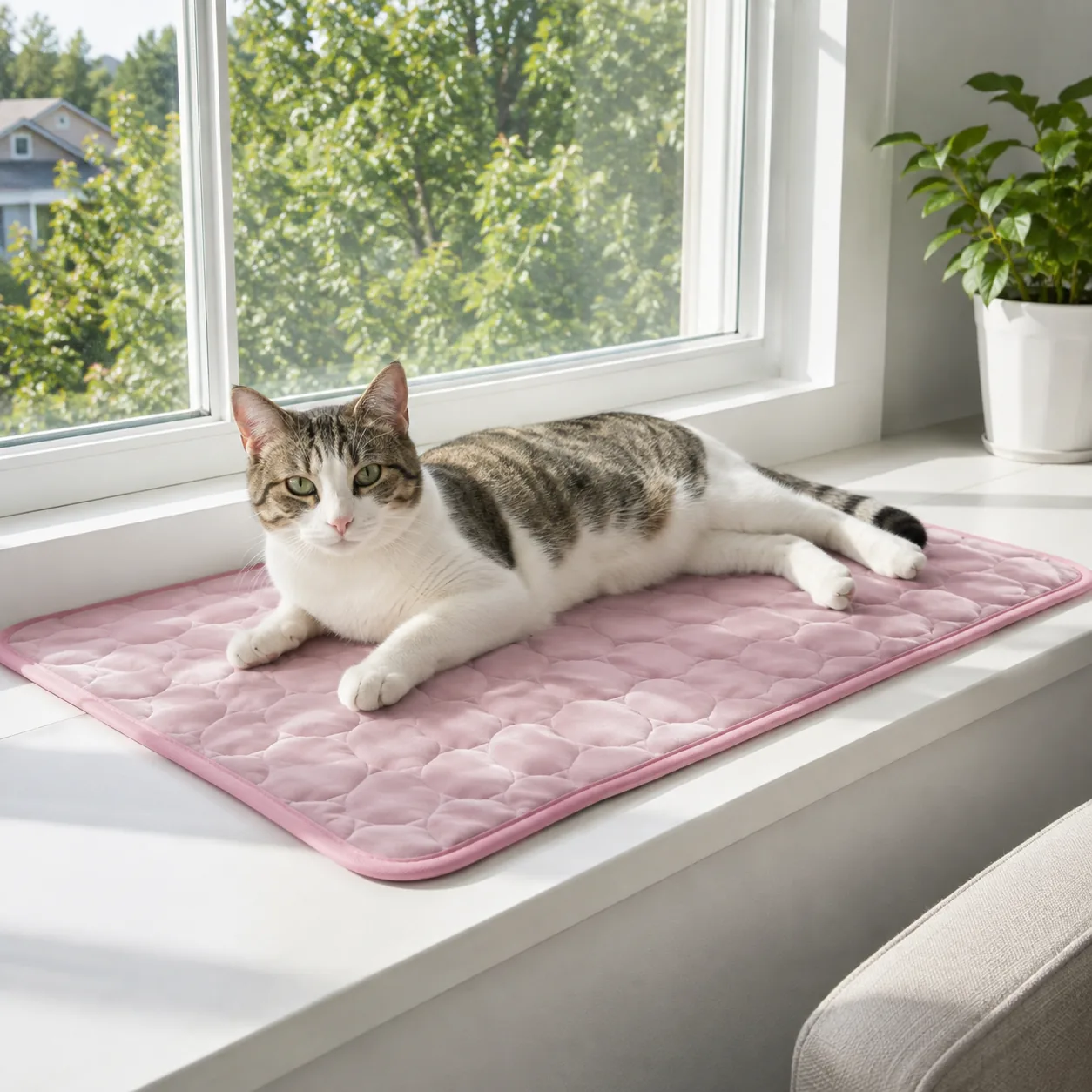 Tabby cat lying by the window on a pink Frimouf cooling mat