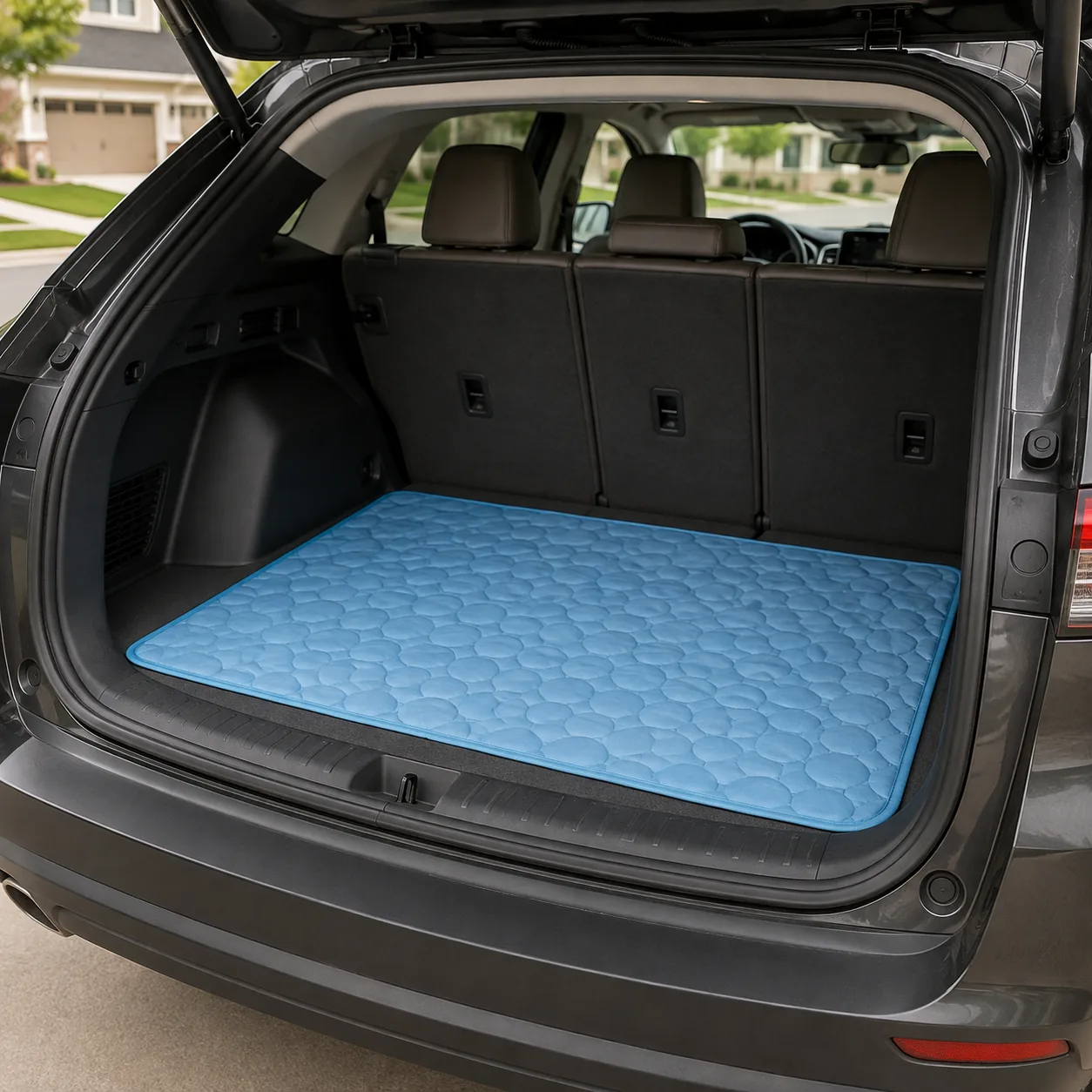 Blue Frimouf cooling mat laid out in the open trunk of a wagon