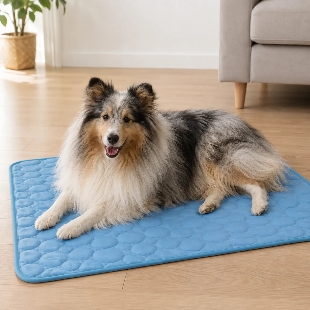 Long-coated Shetland Sheepdog lying on a blue Frimouf cooling mat